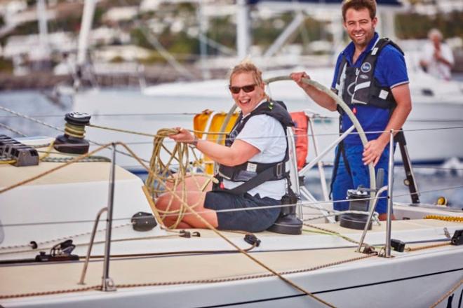 Nunatak, J/120: Elin Haf Davies and Chris Frost leave the dock at Marina Lanzarote - 2015 RORC Transatlantic Race © RORC / James Mitchell